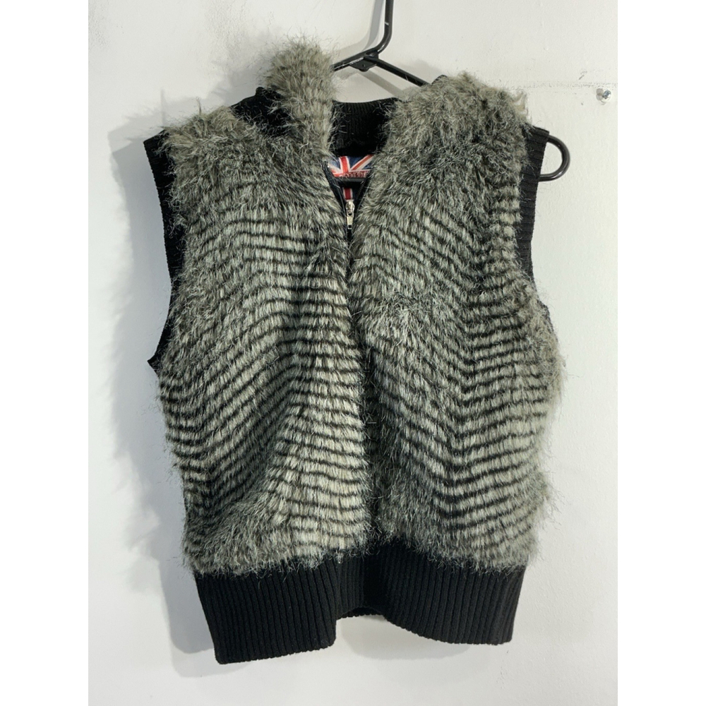 Junior Girls Miss London Sweater Vest XL Black Gray Cable Knit Faux Fur Hood